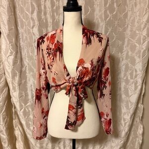 Talula Aritzia Floral Faux-Wrap Long Sleeve Crop Top Blush Pink/Red Melted Rose